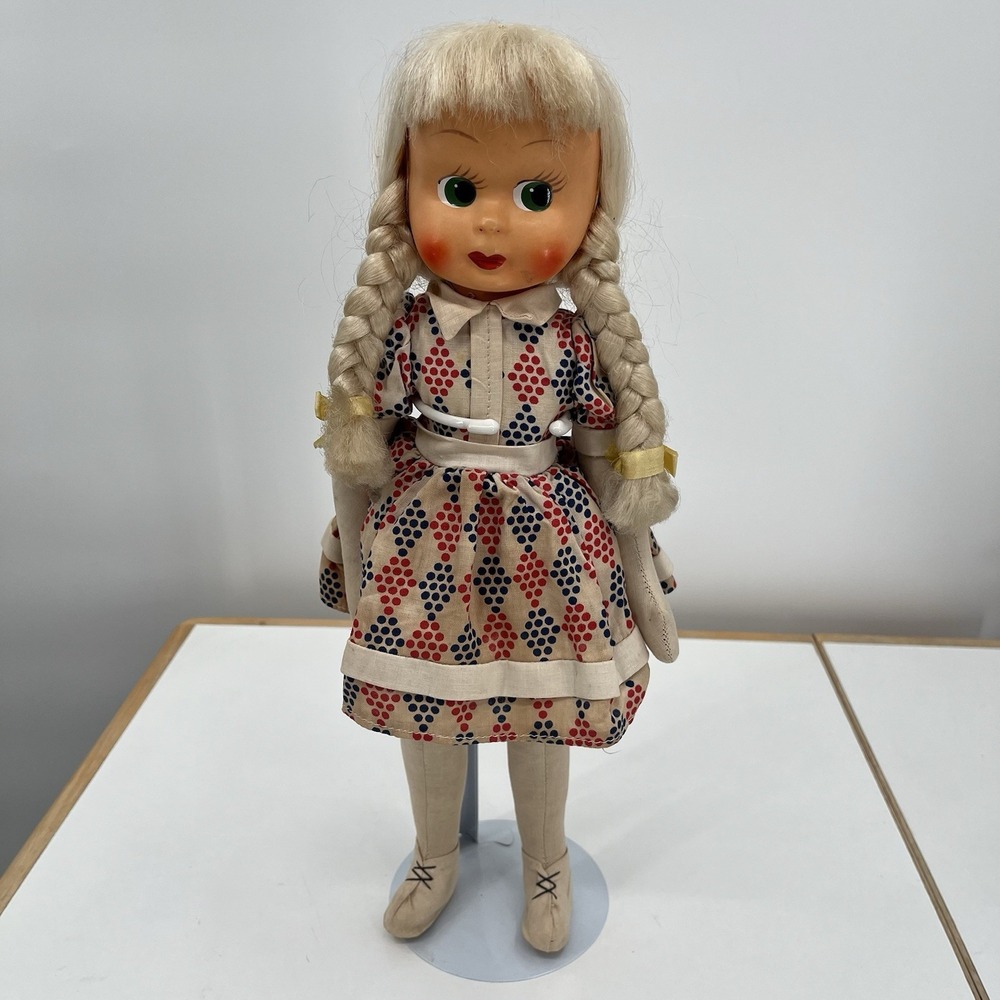 Vintage 1940-50's Cloth 16" Doll Celluloid Face in Braids Hand Made Jointed‎